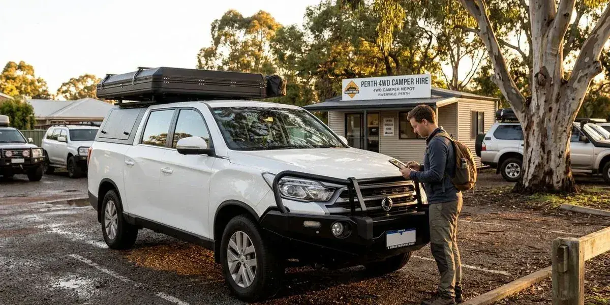 A 4WD camper being collected at the Perth pickup depot before a Western Australian road trip