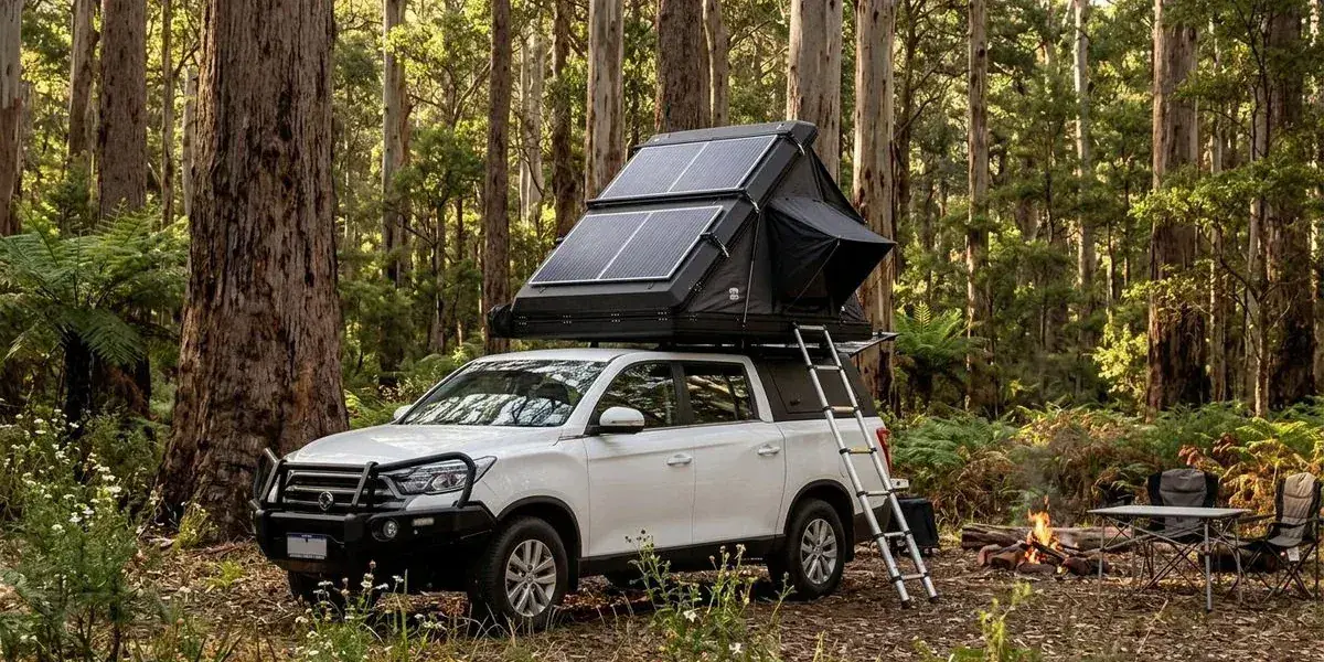 4WD camper set up at a karri forest campsite in the South West of Western Australia