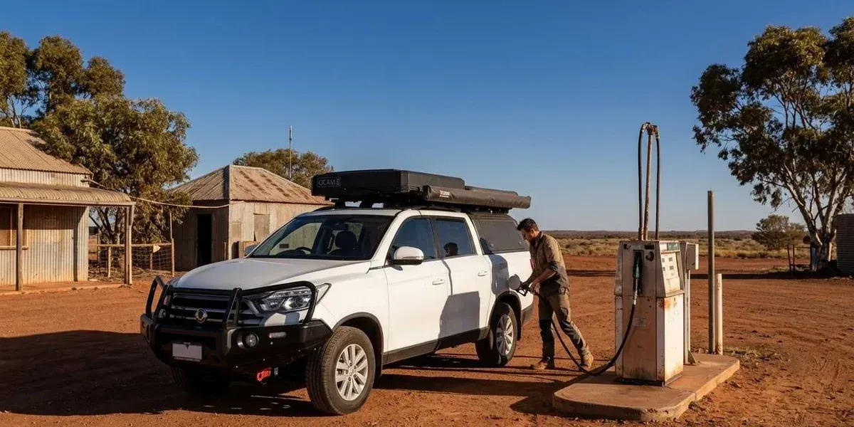 A 4WD dual-cab camper refuelling at a remote outback roadhouse fuel station in Western Australia with red dirt and blue sky stretching to the horizon
