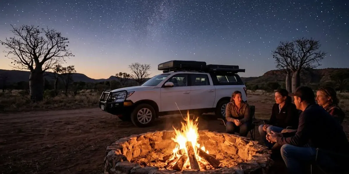 Campfire burning in a stone fire ring at dusk with a 4WD camper parked in the background under a star-filled outback Western Australian sky