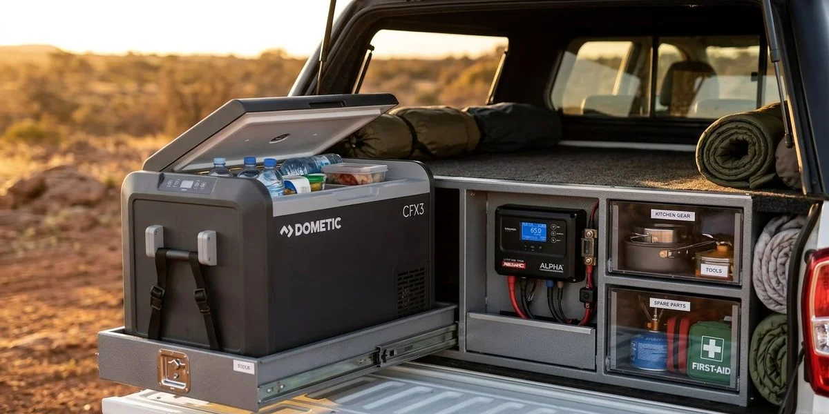 Close-up of a well-organised 4WD camper interior showing a lithium battery system 85 litre fridge and storage compartments ready for an outback camping adventure