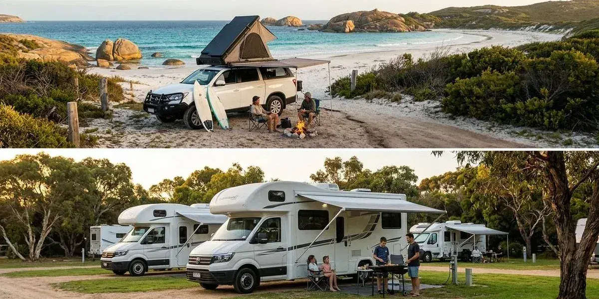 Comparison of a 4WD dual-cab camper at a remote beach campsite in Western Australia