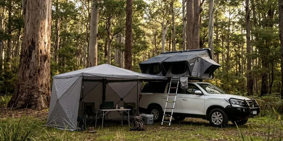 Four wheel drive camper with rooftop tent set up beneath tall karri trees in the lush green South West forests of Western Australia