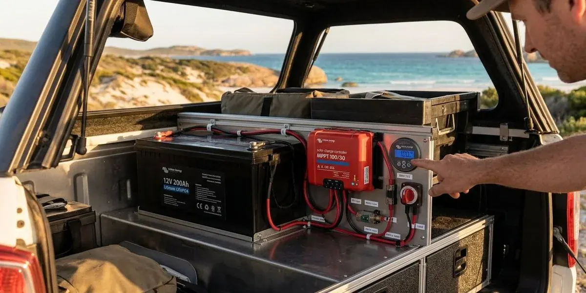 Lithium battery system installed in the back of a 4WD camper for off-grid overlanding
