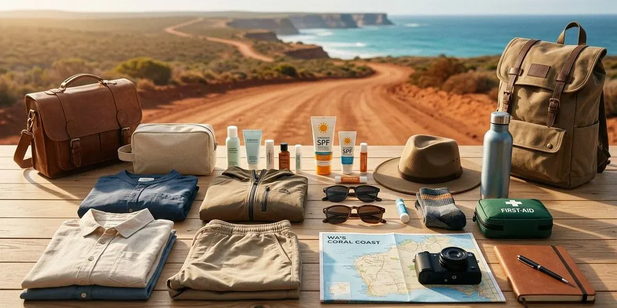 Neatly organised packing layout for a Western Australia road trip in a 4WD camper