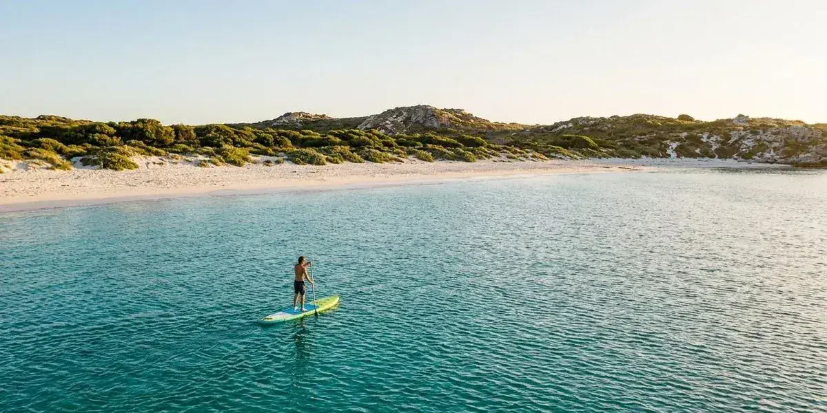 Paddle boarder on calm turquoise water at Rottnest Island with white sandy beach and coastal scrub visible in the background on a clear day