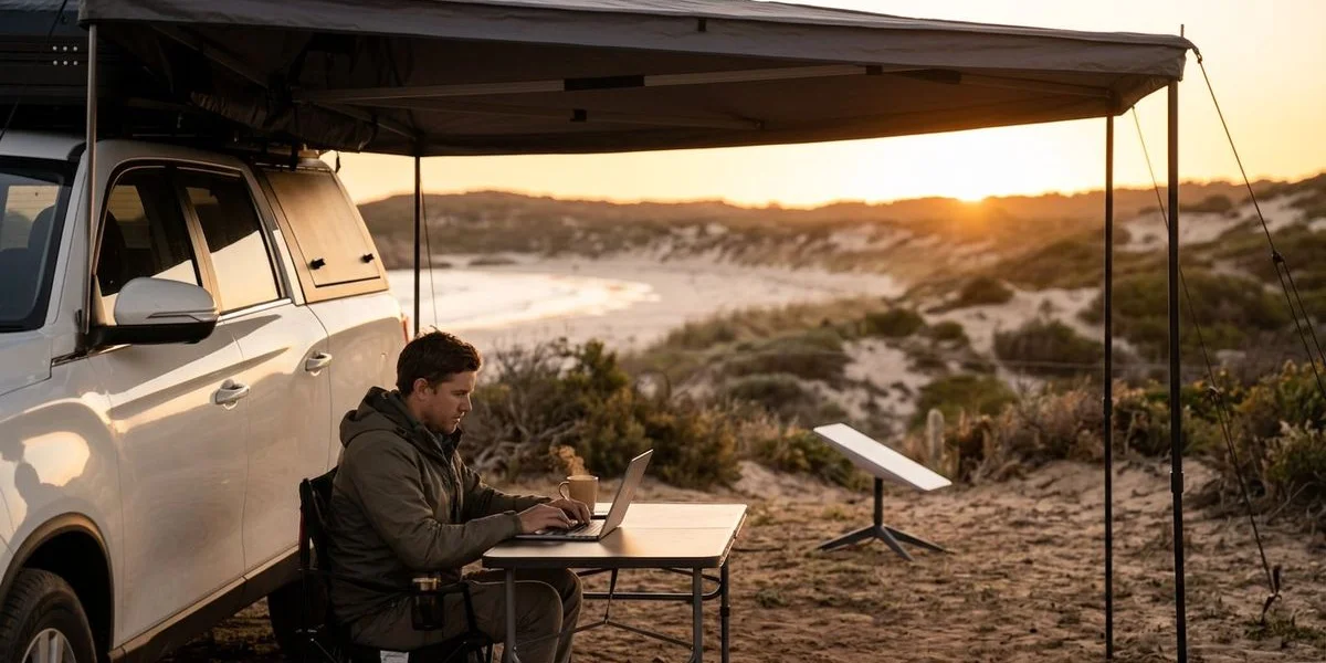 A traveller working on a laptop under a 4WD camper awning at a remote Western Australian campsite, staying connected where mobile coverage drops out