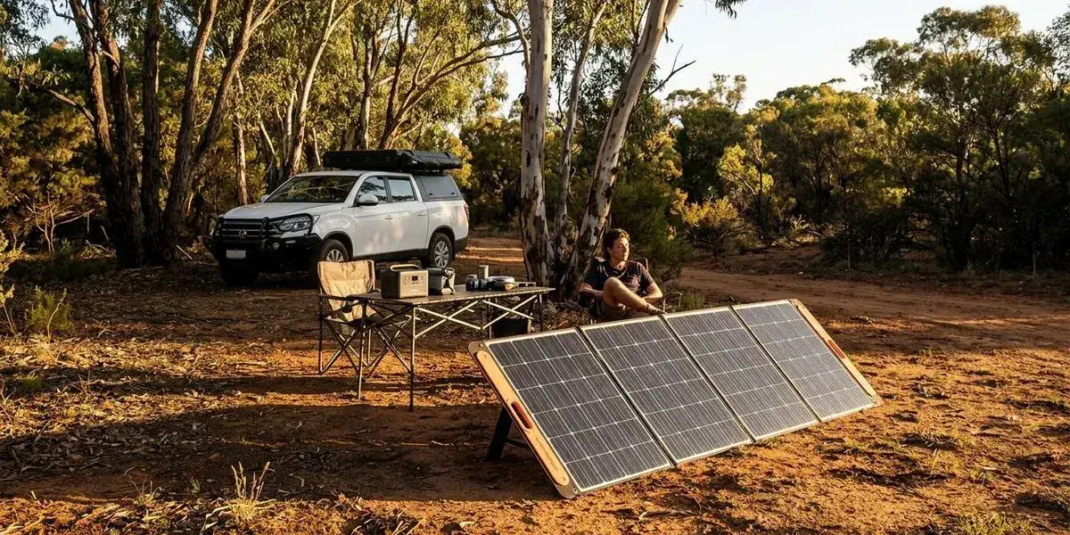 Portable solar panel set up at a bush campsite in Western Australia angled towards the sun with a 4WD camper parked in nearby shade