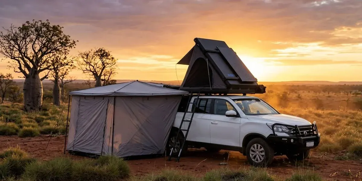 Rooftop tent deployed on a 4WD ute at sunset in Western Australia