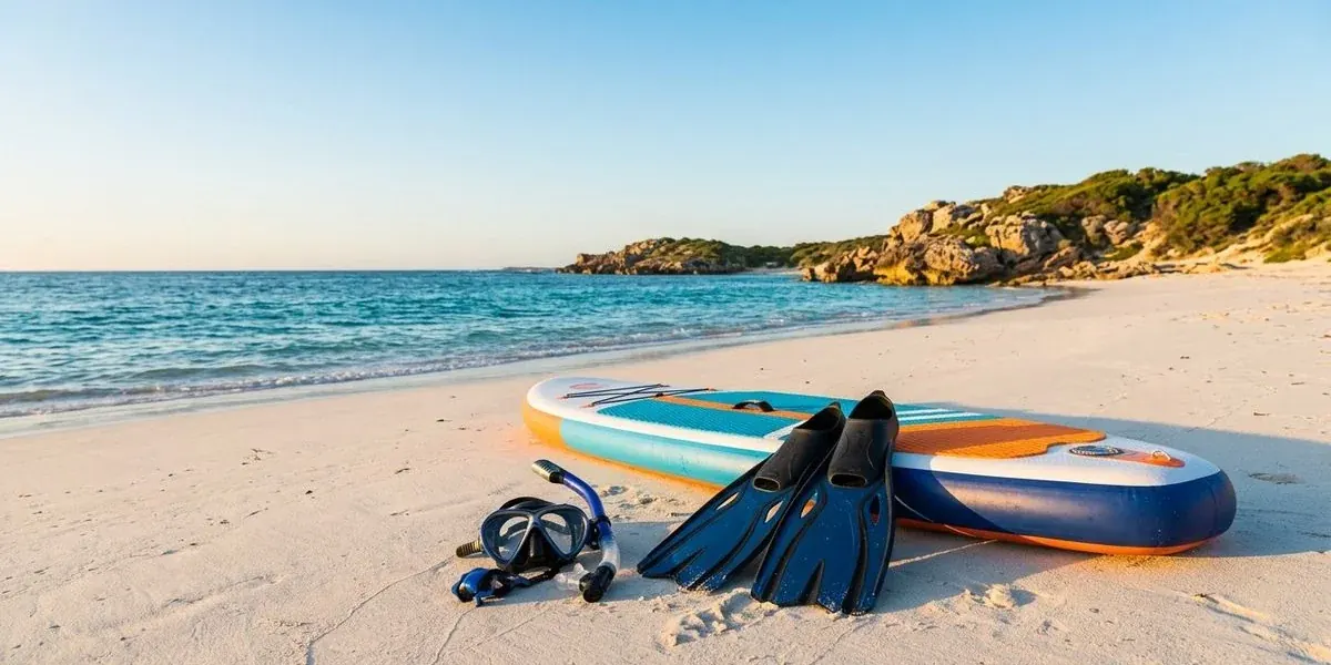 Snorkelling gear and inflatable paddle board laid out on white sand beach with turquoise Western Australian ocean and blue sky in the background