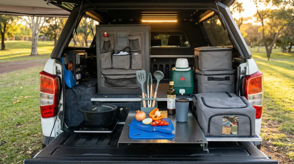 Camping gear and kitchen setup inside the canopy
