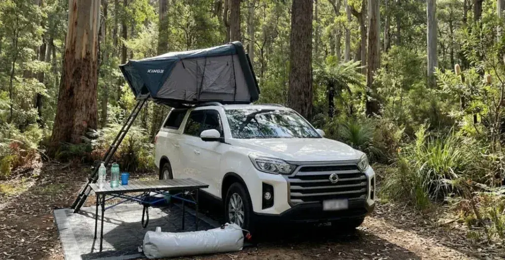 OFFGRID Wanderer 2.0 Kings rooftop tent open at a bush campsite in Western Australia